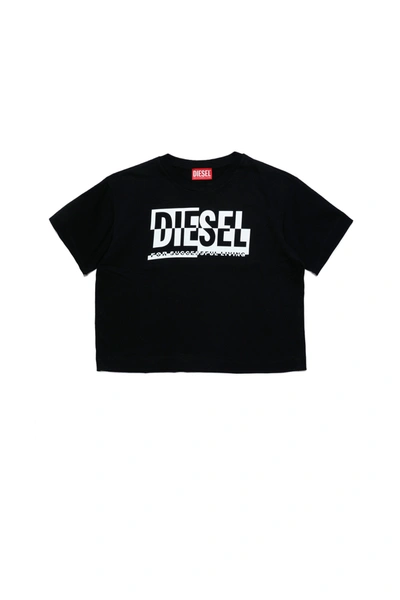 Diesel Kids' Oversize Crew-neck Jersey T-shirt With Sectioned Logo In Black