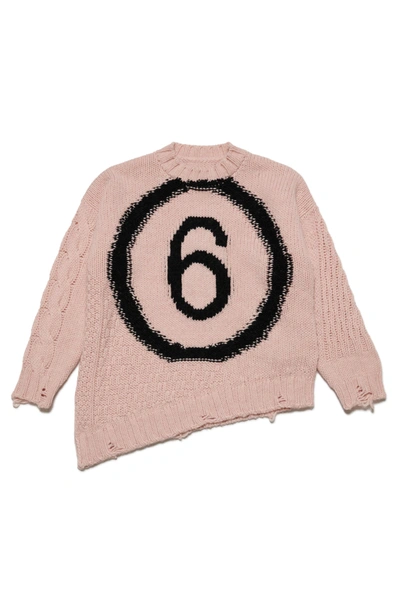 Mm6 Maison Margiela Kids' Wool-blend Crew-neck Sweater With Logo And Vintage Effect Breaks In Pink