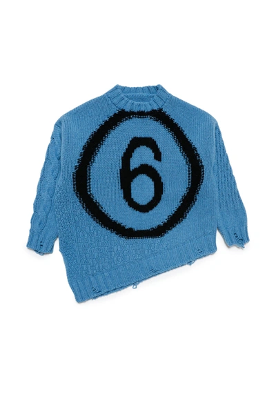 Mm6 Maison Margiela Kids' Wool-blend Crew-neck Sweater With Logo And Vintage Effect Breaks In Blue