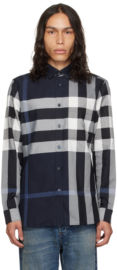 Burberry Check-print Cotton Shirt In Blue