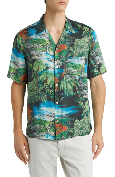 Allsaints Tropical Print Camp Shirt In Jet Black