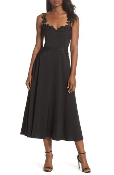 Sau Lee Aislinn Floral Applique Tea Length Dress In Black Multi