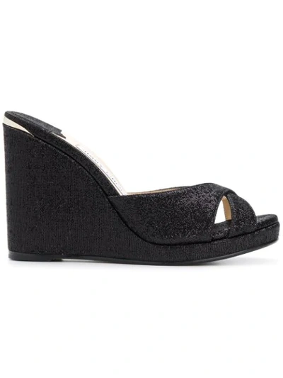 Jimmy Choo Almer 105 Black Shiny Wetlook Fabric Mule Wedges