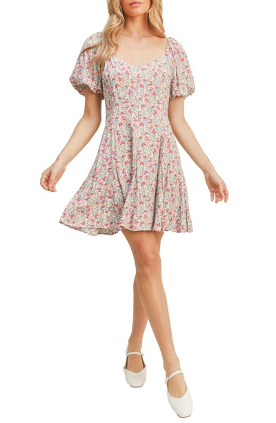 Lush Floral Sweetheart Neck Puff Sleeve Minidress In Cream Orchid