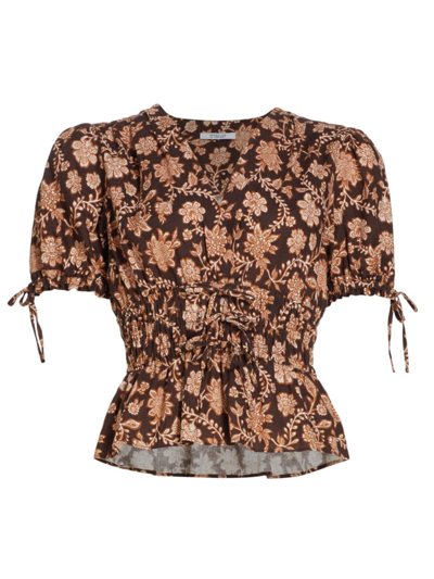 Derek Lam 10 Crosby Rhea Puff Sleeve V-neck Top In Chocolate Multi In Brown