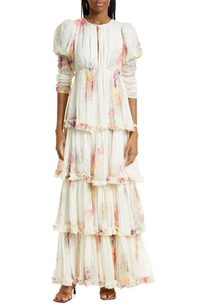 bytimo chiffon dress Bytimo Floral Tiered Chiffon Gown In Flower Dots