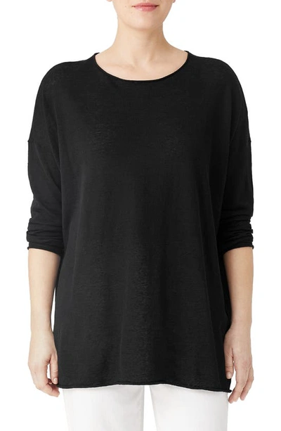 Eileen Fisher Long Sleeve Organic Linen Blend Jersey Tunic Sweater In Black