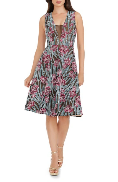 Dress The Population Macie Floral Embroidery Fit & Flare Dress In Fuchsia Multi