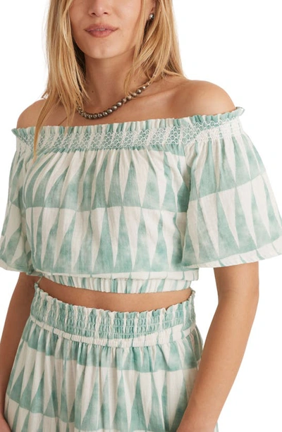 Marine Layer Nora Geo Print Smocked Off The Shoulder Crop Blouse In Triangle Geo