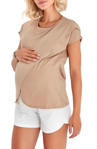 Accouchée Crossover Short Sleeve Cotton Maternity/nursing Top In Beige