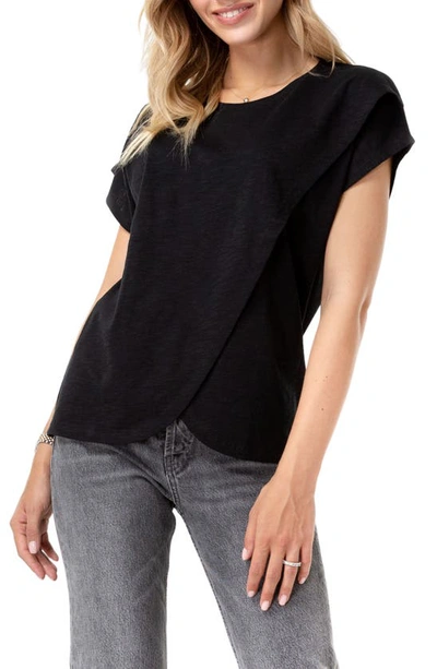 Accouchée Crossover Short Sleeve Cotton Maternity/nursing Top In Black