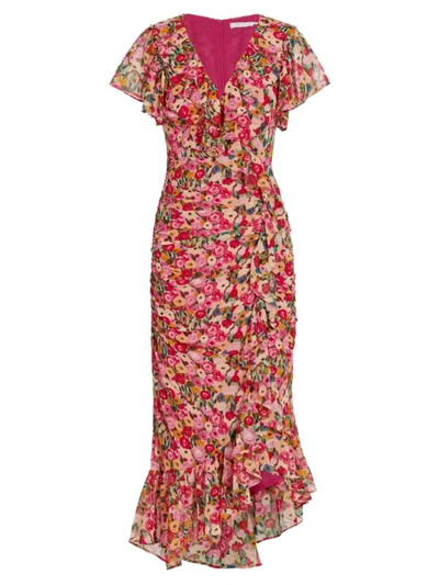 Astr Vilma Floral Ruffle Ruched Dress In Red Multi Floral