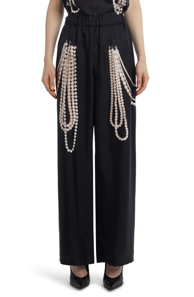 Stella Mccartney Pearl Trompe L'oeil Print Silk Wide Leg Trousers In Black