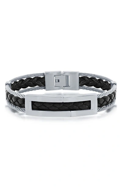 Blackjack Braided Leather & Stainless Steel Cable Bracelet In Black/ Silver
