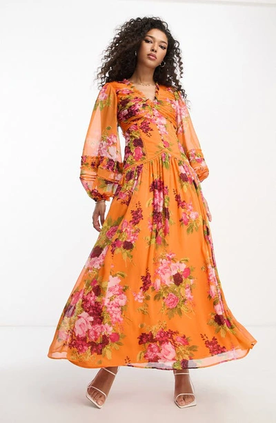Asos Design Floral Print Ruched Long Sleeve Chiffon Maxi Dress In Orange Multi