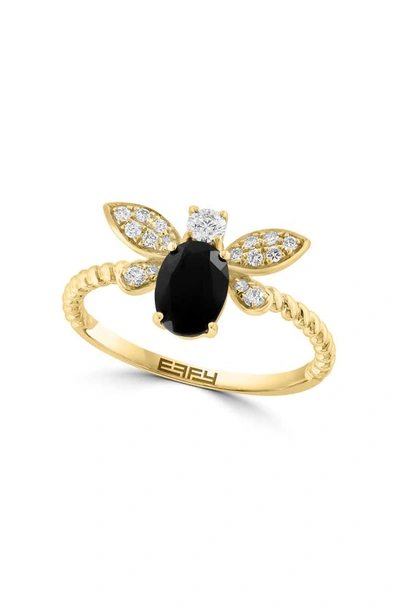 Effy 14k Yellow Gold Diamond & Onyx Bee Ring In Black