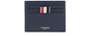 Thom Browne Single Card Holder With Contrast 4-bar Stripe In Pebble Grain & Calf Leather In Rwbwht
