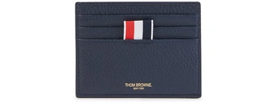 Thom Browne Single Card Holder With Contrast 4-bar Stripe In Pebble Grain & Calf Leather In Rwbwht