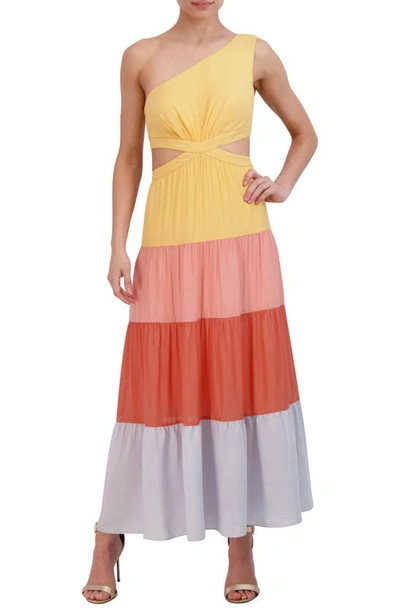 Bcbgmaxazria Colourblock One-shoulder Maxi Dress In Marigold