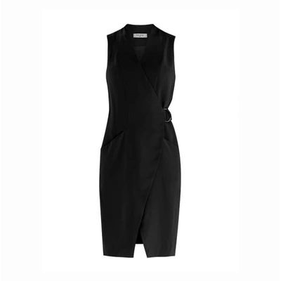 Paisie Collarless Tuxedo Wrap Dress With Side Belt In Black