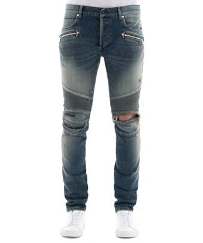 Balmain Nervures 7 Pocket Ripped Jeans In Blue