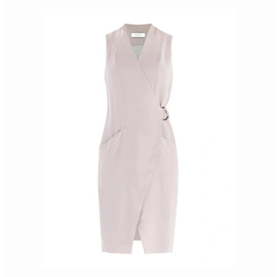 Paisie Collarless Tuxedo Wrap Dress With Side Belt In Light Grey