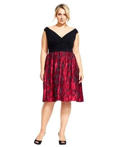Adrianna Papell Fit And Flare Dress With Metallic Rose Print Skirt In Red/black  | ModeSens
