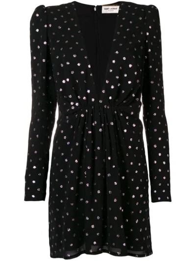 Saint Laurent Glittered Polka-dot Crepe Mini Dress In Black