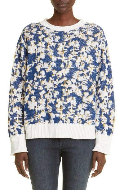 Lafayette 148 Floral Jacquard Cashmere & Cotton Blend Sweater In Parisian Blue Multi