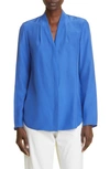 Lafayette 148 V-neck Silk Button-up Shirt In Tile Blue