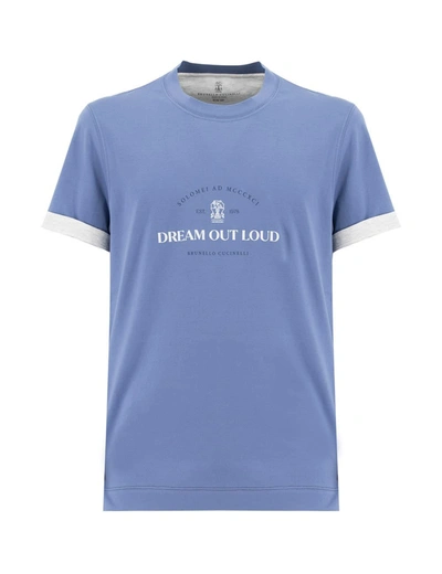 Brunello Cucinelli T-shirt In Oxford Perla Cobalto Off White