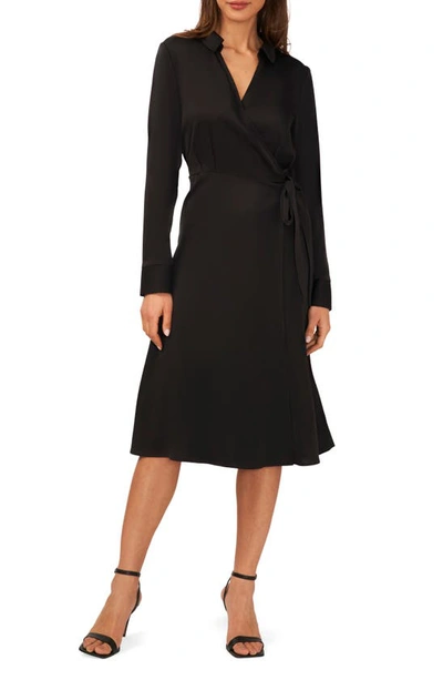 Halogen Long Sleeve Faux Wrap Midi Shirtdress In Rich Black