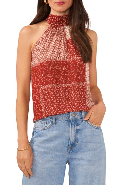 1.state Patchwork Floral Halter Neck Top In Mahogany Red