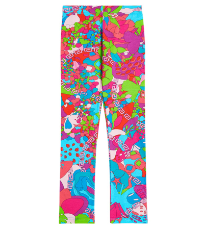 Versace Kids' Flowers Print Cotton Jersey Leggings In Multicoloured