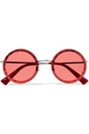 Valentino Crystal-embellished Round-frame Acetate Sunglasses In Silver Red