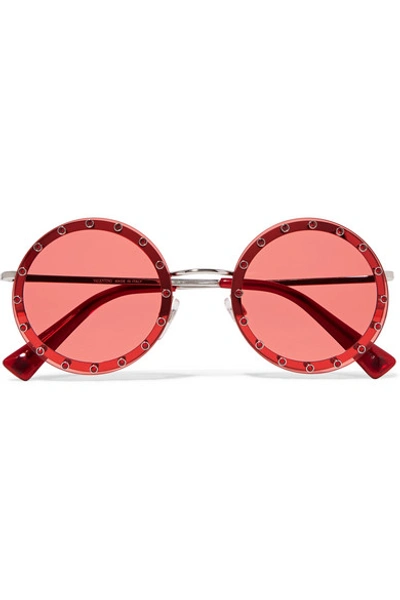 Valentino Crystal-embellished Round-frame Acetate Sunglasses In Silver Red