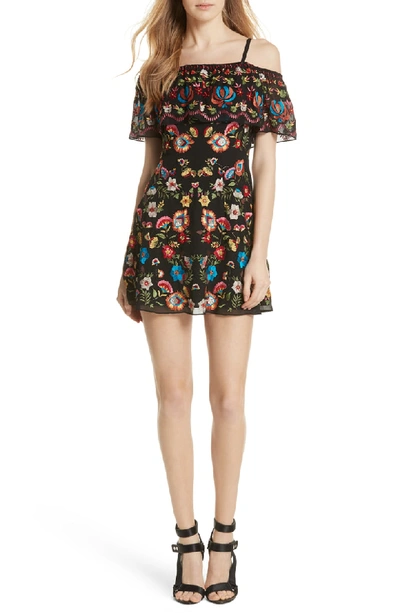 Alice And Olivia Francina Embroidered Off-the-shoulder Mini Dress In Black  Multi | ModeSens
