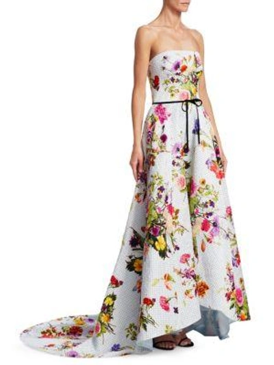 Monique Lhuillier Strapless Dotted Floral-print Jacquard High-low Evening Gown W/ Train In Ice Blue Multi