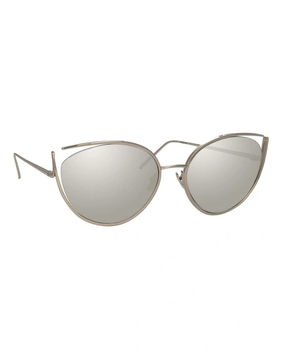 Linda Farrow Cat-eye Open-temple Mirrored Sunglasses, White Pattern
