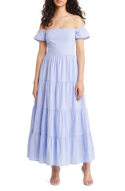 Charles Henry Off The Shoulder Tiered Cotton Dress In Sky Blue