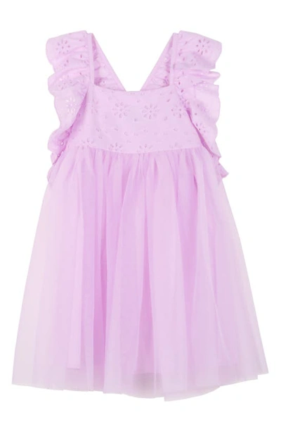 Zunie Kids' Eyelet Ruffle Bodice & Mesh Skirt Dress In Lilac