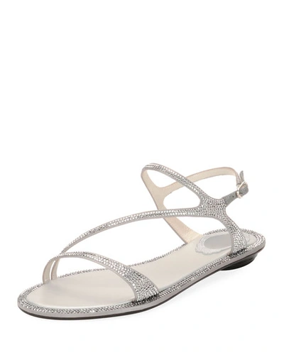 René Caovilla Strass Flat Strappy Sandals, Silver