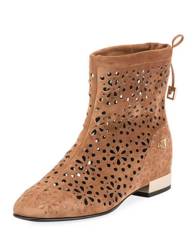 Roger Vivier Floral-perforated Suede Flat Booties