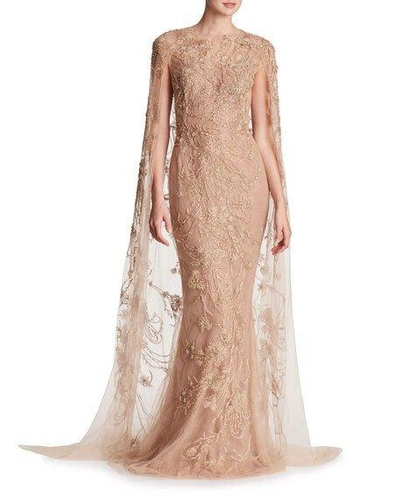 Marchesa Metallic-embroidered Floor-length Cape In Gold