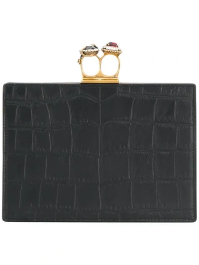 Alexander Mcqueen Jeweled Double Ring Crocodile-embossed Clutch Bag - Golden Hardware In Black