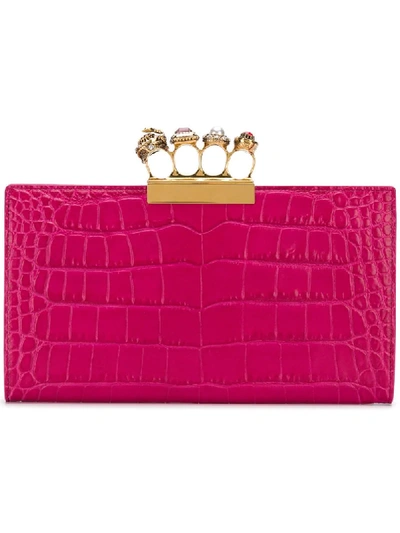 Alexander Mcqueen Jeweled Four Ring Crocodile-embossed Clutch Bag, Dark Pink