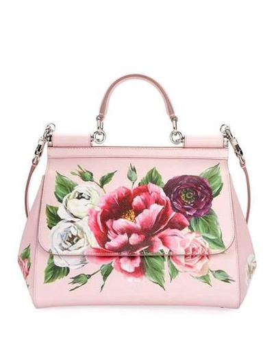 Dolce & Gabbana Sicily Medium Floral Leather Top-handle Bag In Pink