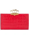 Alexander Mcqueen Four-ring Knuckle Clasp Croc Embossed Leather Clutch In Red