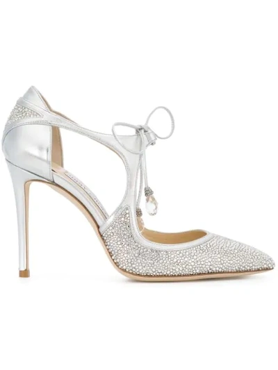Jimmy Choo Vanessa 100 Silver Metallic Nappa Leather And Crystal Pointy Toe Pumps