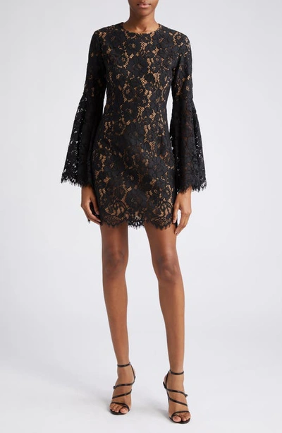Michael Kors Large Floral Lace Mini Dress With Bell Sleeves In Black